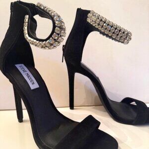NEW! STEVE MADDEN Black Suede Heel Sandals with Rhinestone Ankle Strap- Size 9